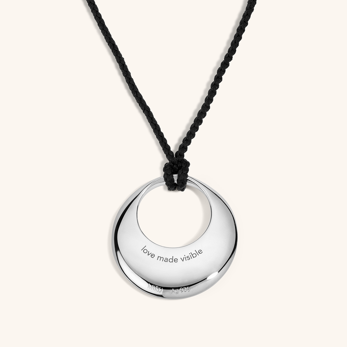 Equilibrium Fine Pendant Necklace - Back in Sterling Silver Close Up (Phrase: love made visible)