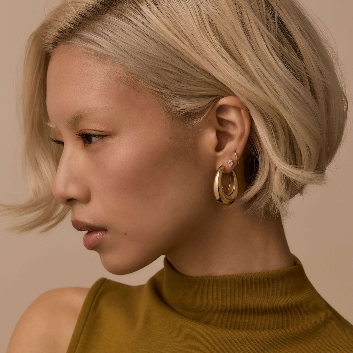 Oeuf Hoops and Classic Huggie Hoops, 11mm with Celestial Crystal Lozenge Nap Earrings on Model - Gold