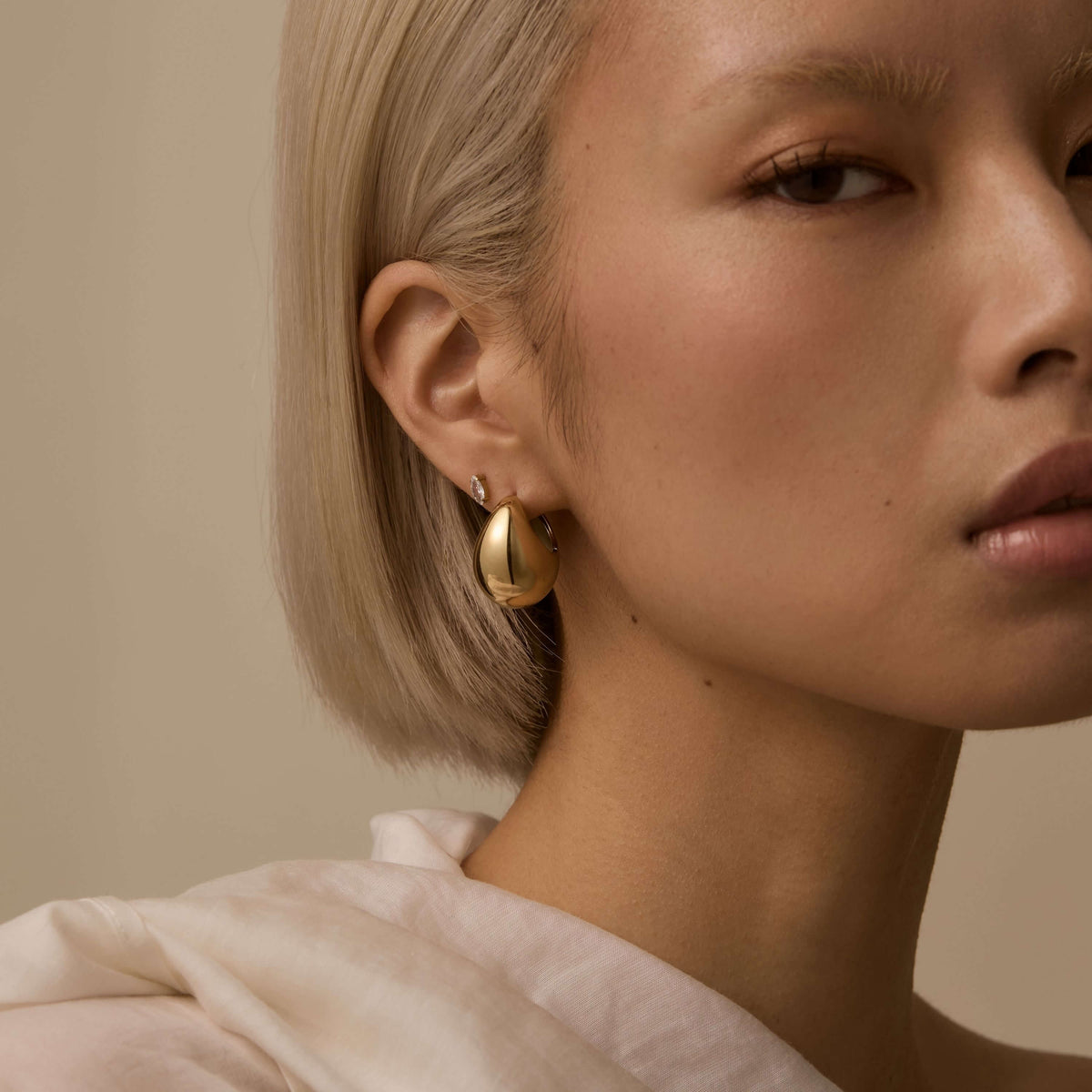 Cloud Hoops and Celestial Crystal Marquise Nap Earrings on Model - Gold