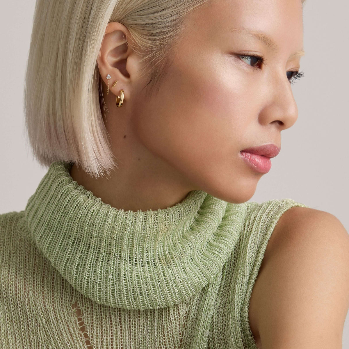 Bold Hoops, 14mm with Crystal Trinity Chain and Bar Nap Earrings on Model
