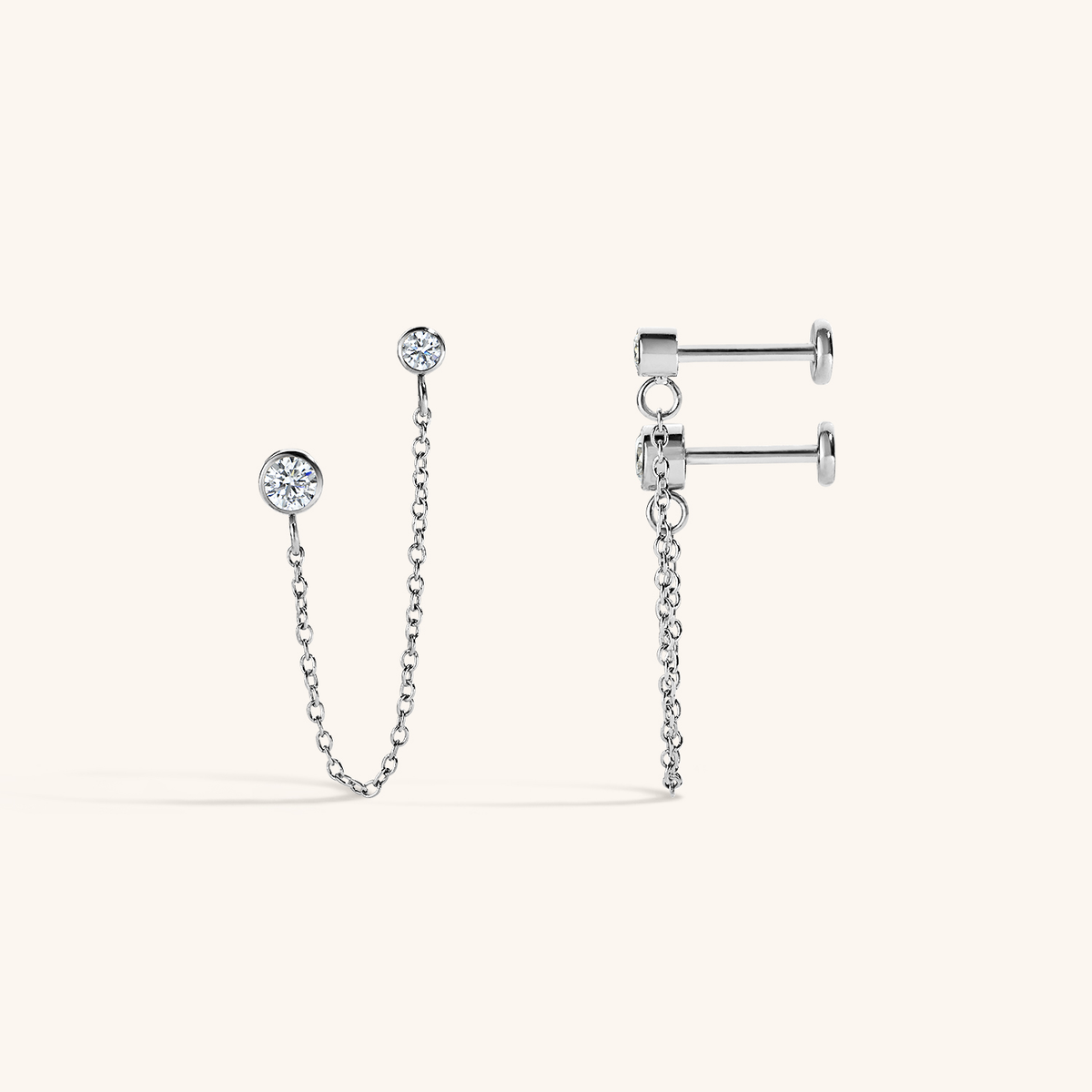 Tiny Crystal Duo Chain Nap Earrings - Silver