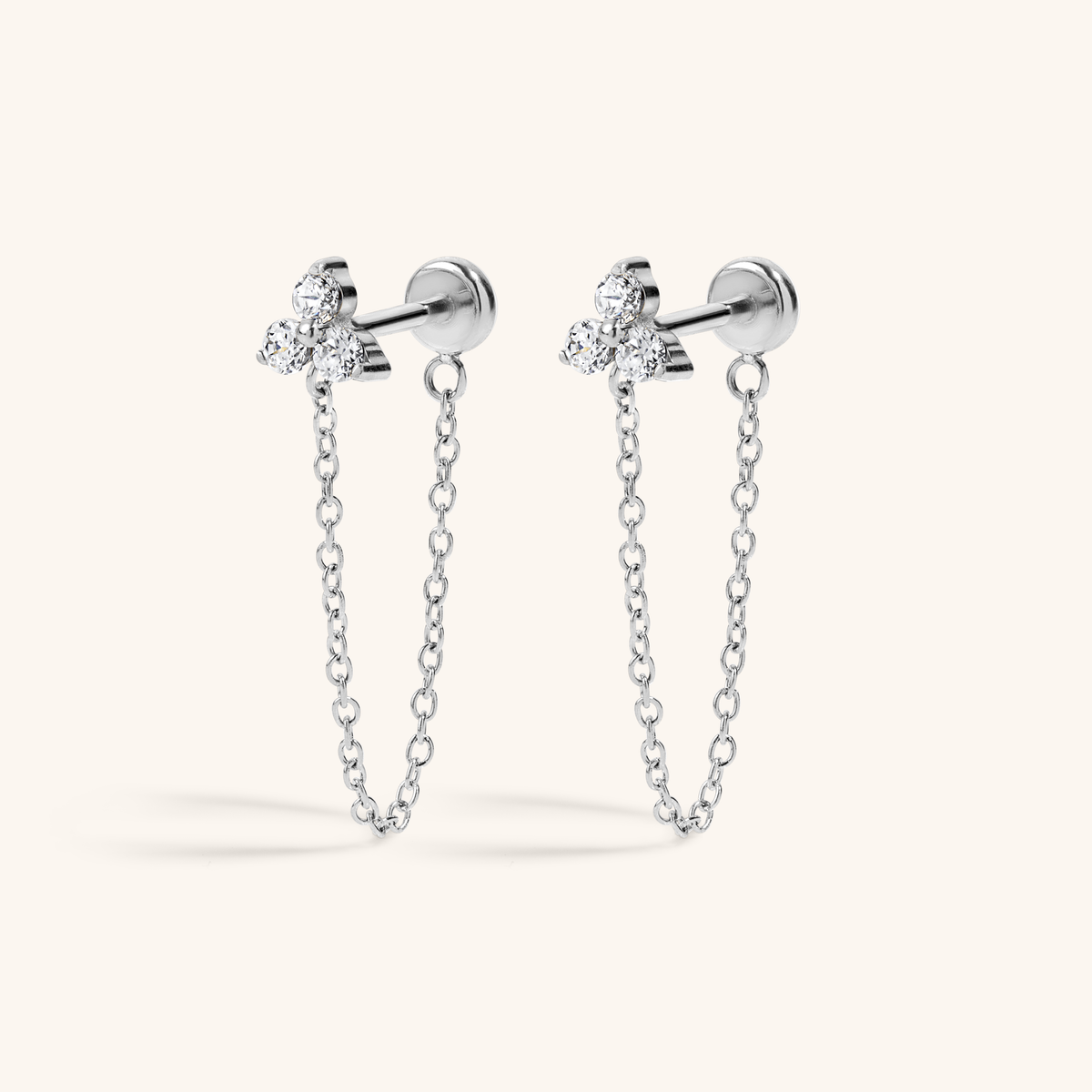 Crystal Trinity Chain Nap Earrings (Silver)
