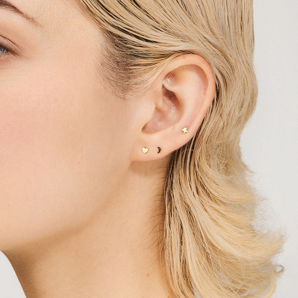 Heart, Moon and Star Push Pin Flat Back Earring in gold on Model
