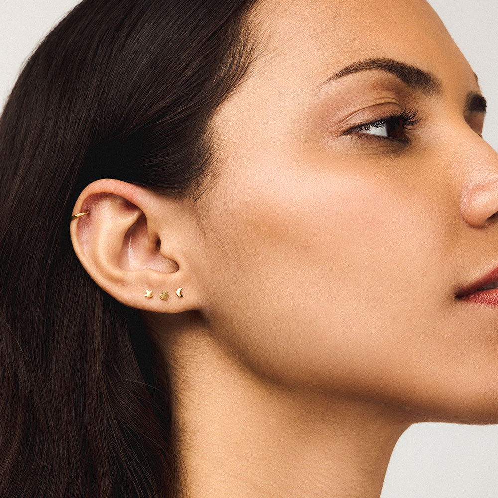 Classic Cartilage Hoop and Heart, Moon and Star Push Pin Flat Back Earring in Gold on Model