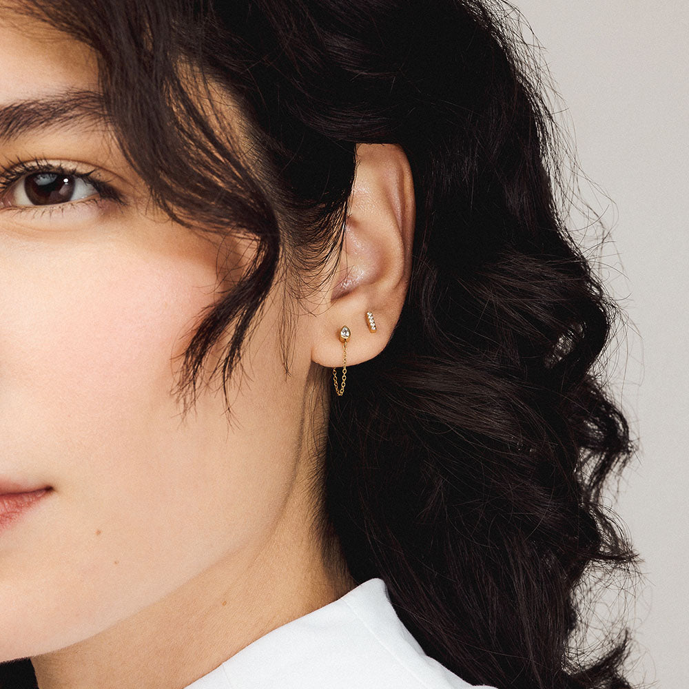 Bezel Pear Chain and Pave Bar Nap Earring in Gold on model