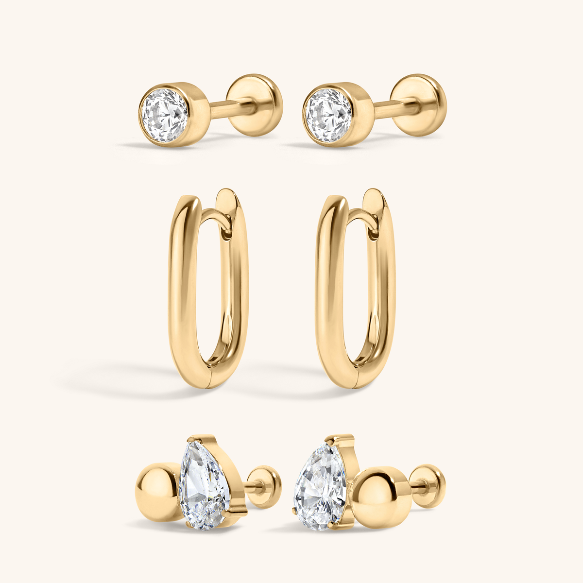 Expressionist Stack - Celestial Crystal Bezel Solitaire and Toi Et Moi Nap Earrings with Halo Oval Hoops, 15mm Gold