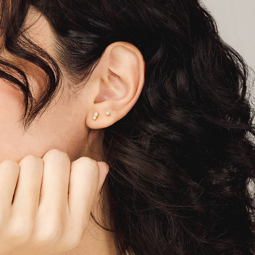 Gaia and Crystal Pear, 3mm Nap Earring in gold on model