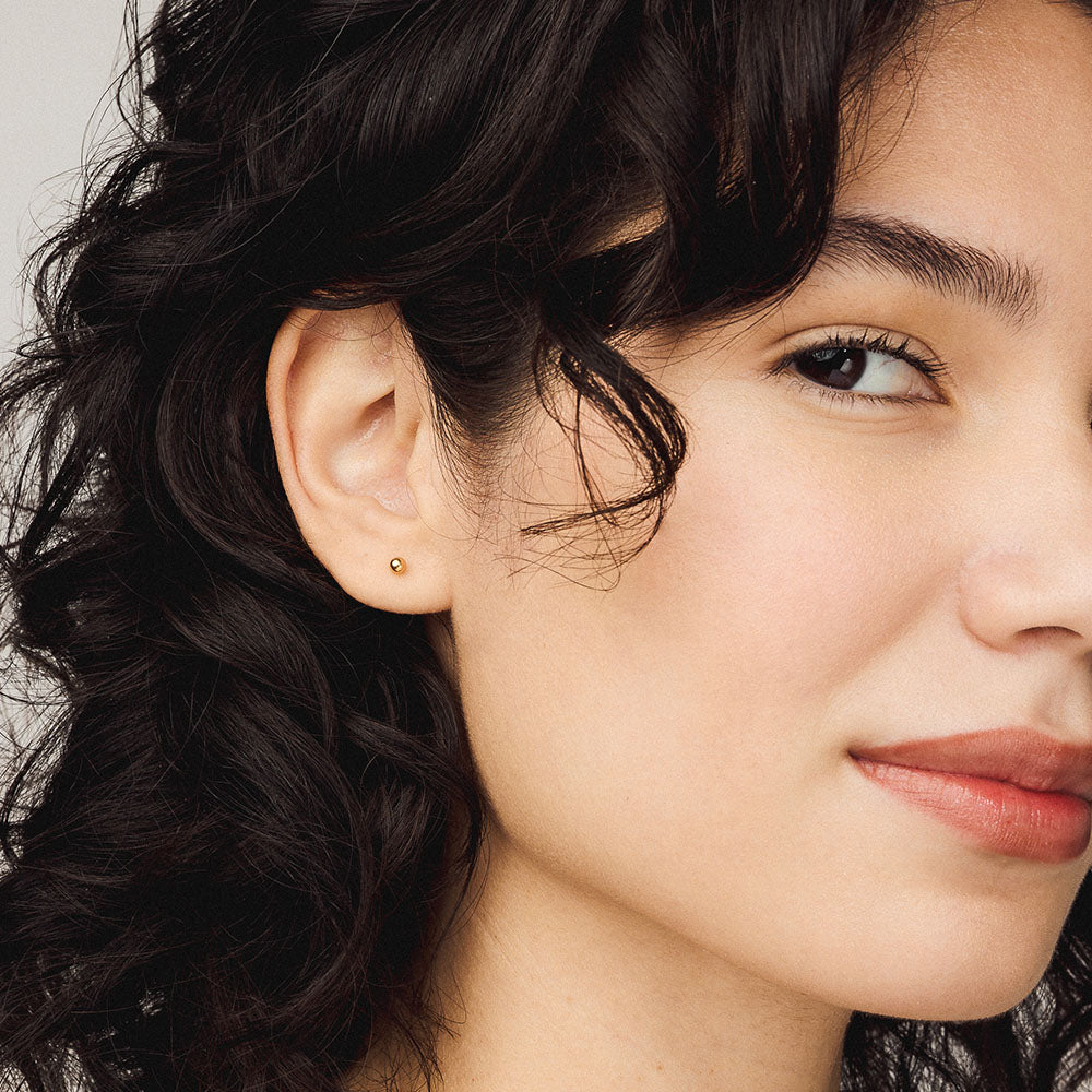 Sphere (3mm) Push Pin Flat Back Earring in Gold on model