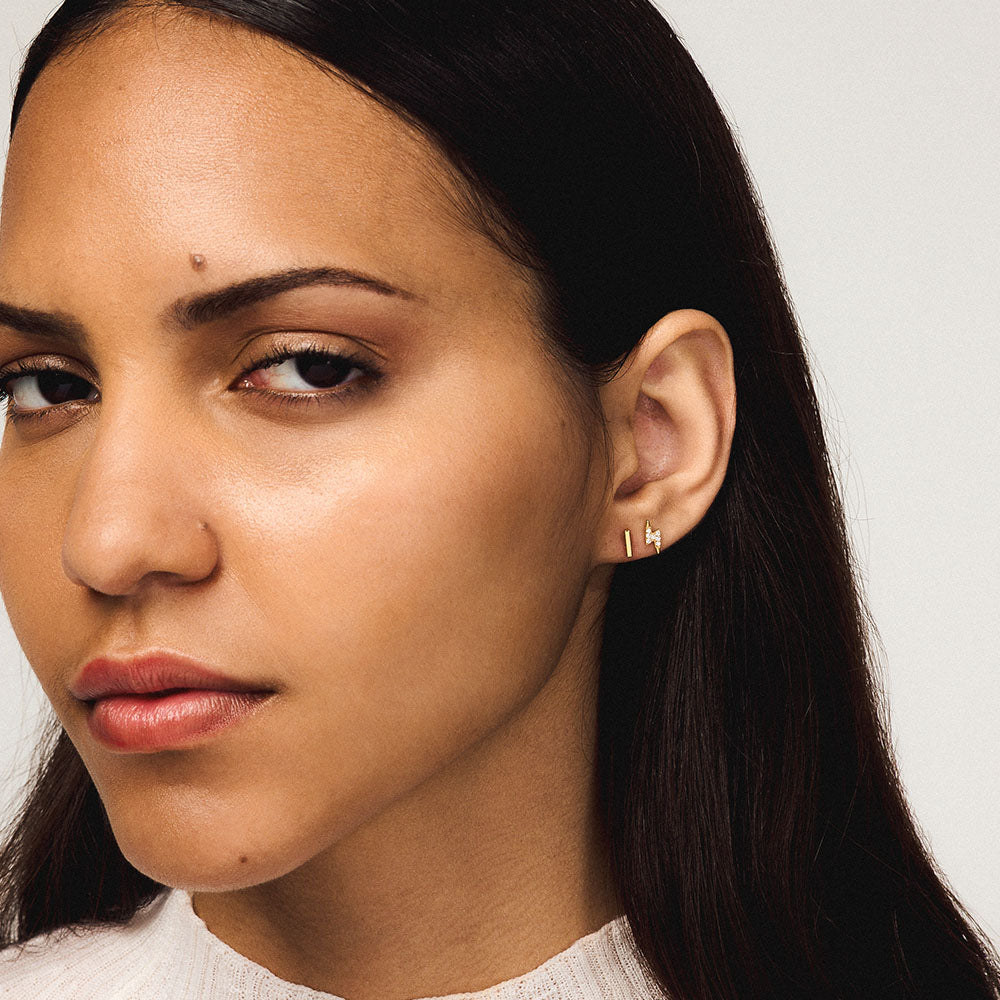 Bar and Pave Lightning Push Pin Flat Back Earring on model in gold