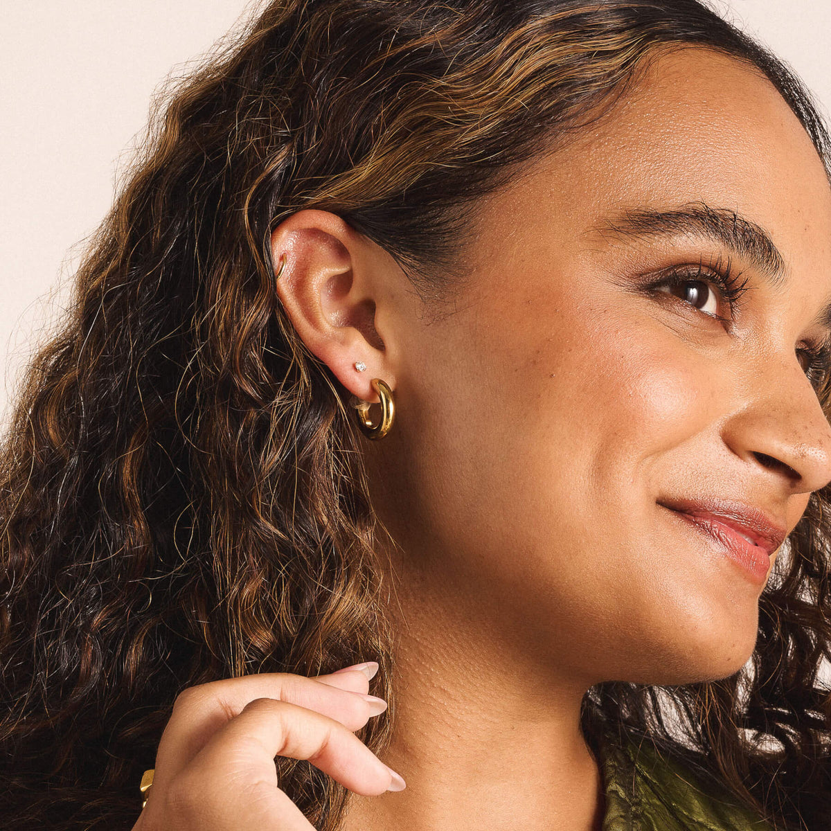 Classic Cartilage Hoop, Celestial Crystal Solitaire Push Pin Flat Back Earring, and Every Body Hoops, 18mm in Gold on model