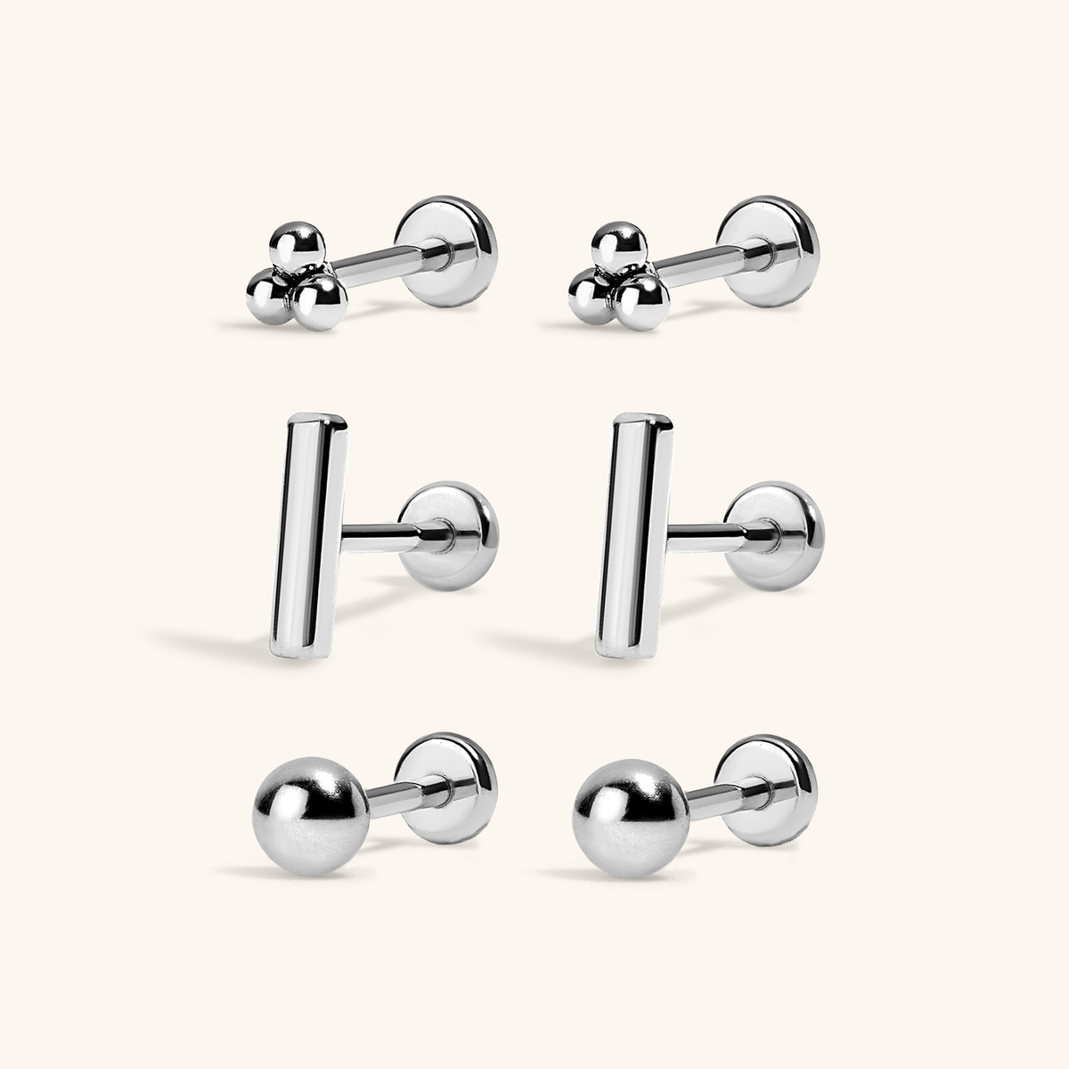 Minimalist Nap Earrings Trio (Silver) with Bar Nap Earrings, Trinity Nap Earrings, and Sphere Nap Earrings, 3mm