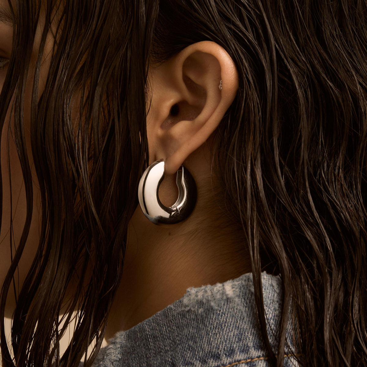 Puffy Disc Hoops (Silver) on model