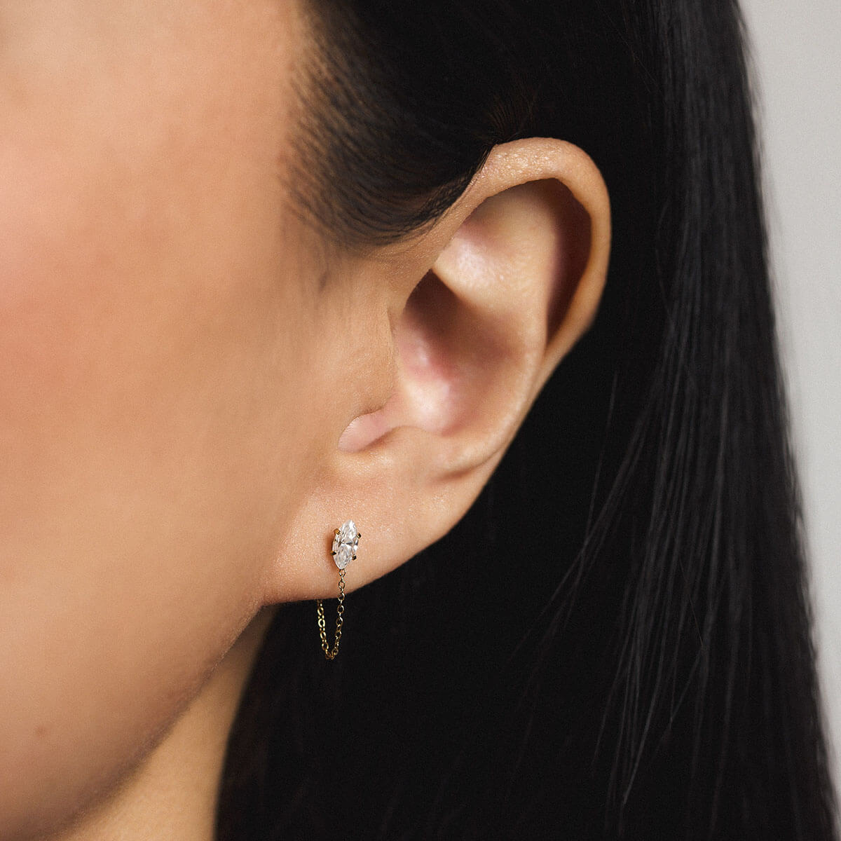 Removable Connector Chain paired with Mini Marquise Crystal Nap Earring On Model (Gold)