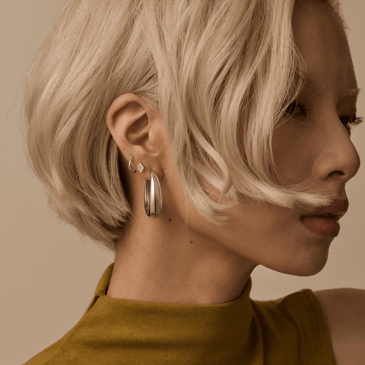 Oeuf Hoops and Classic Huggie Hoops, 11mm with Celestial Crystal Lozenge Nap Earrings on Model - Silver