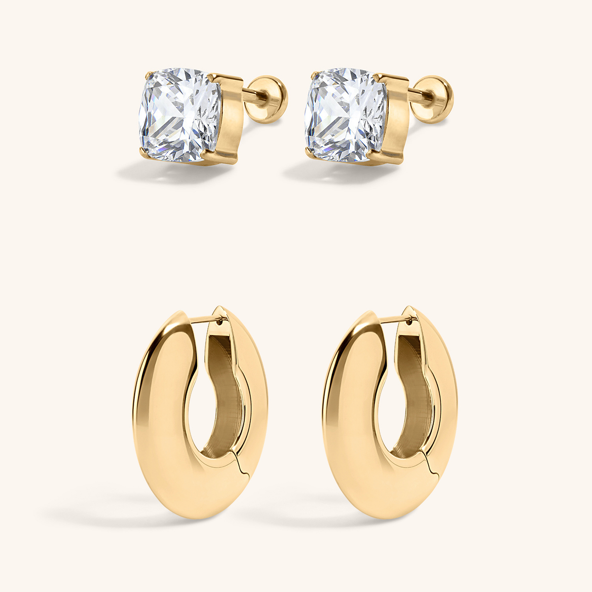 After Dark Duo - Celestial Crystal Cushion Nap Earrings and Puffy Disc Hoops - Gold