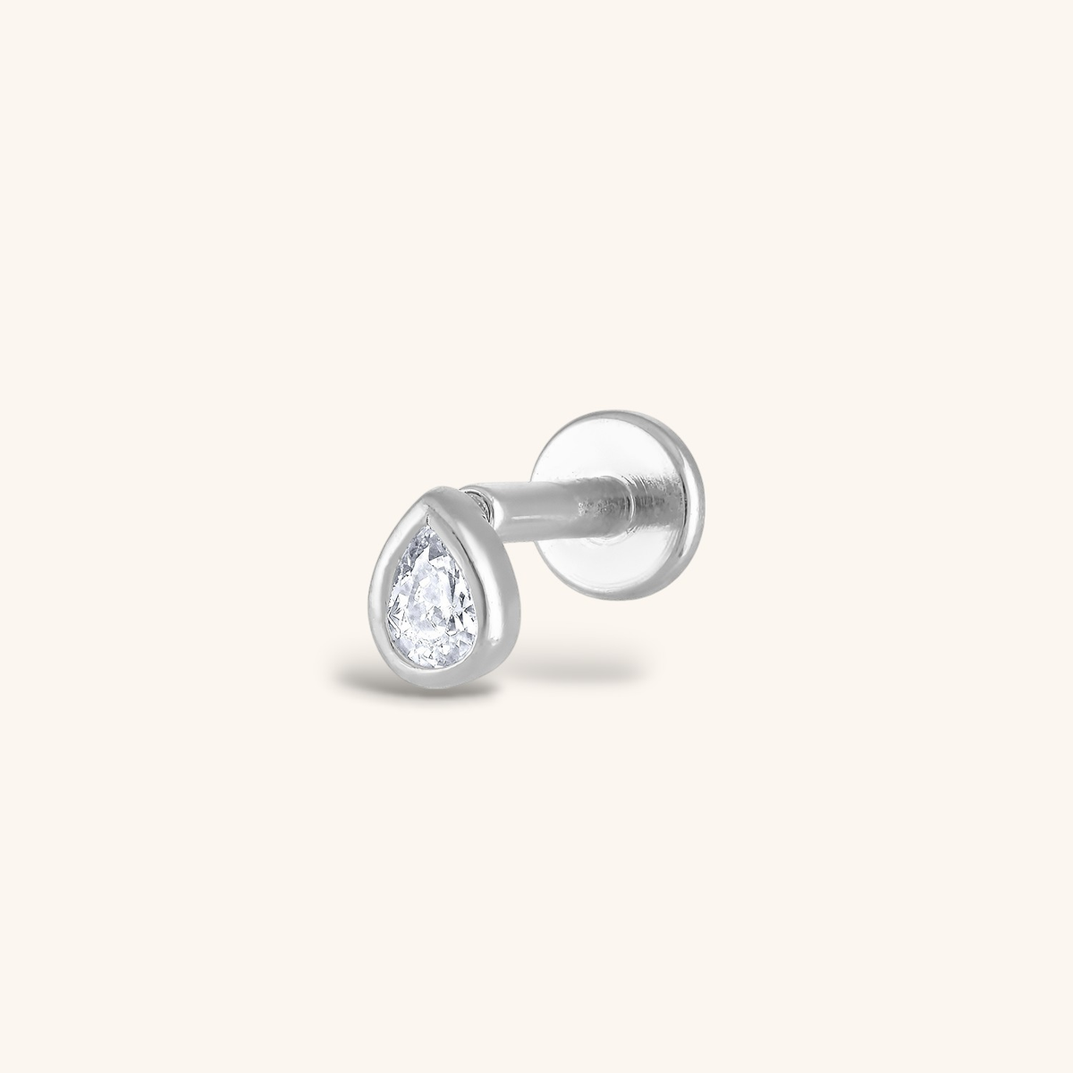 Celestial Crystal Pear Bezel Solitaire Threaded Flat Back Earring in Silver
