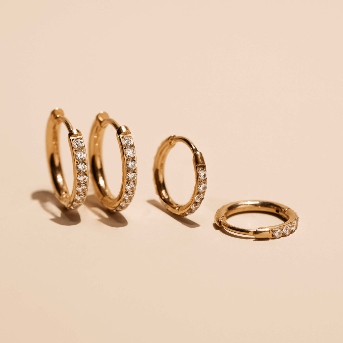 Pave Hoops, 14mm and Pave Huggie Hoops, 11mm in Gold