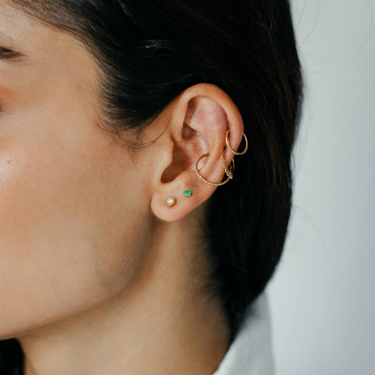 Classic, Siren and Eternity Cartilage Hoop and Deco and Green Chalcedony Nap Earrings (Gold) on model