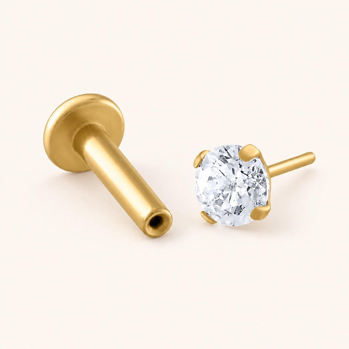 Push pin flat-back earring shown in two pieces: the hollow labret backing and crystal front with a thin pin
