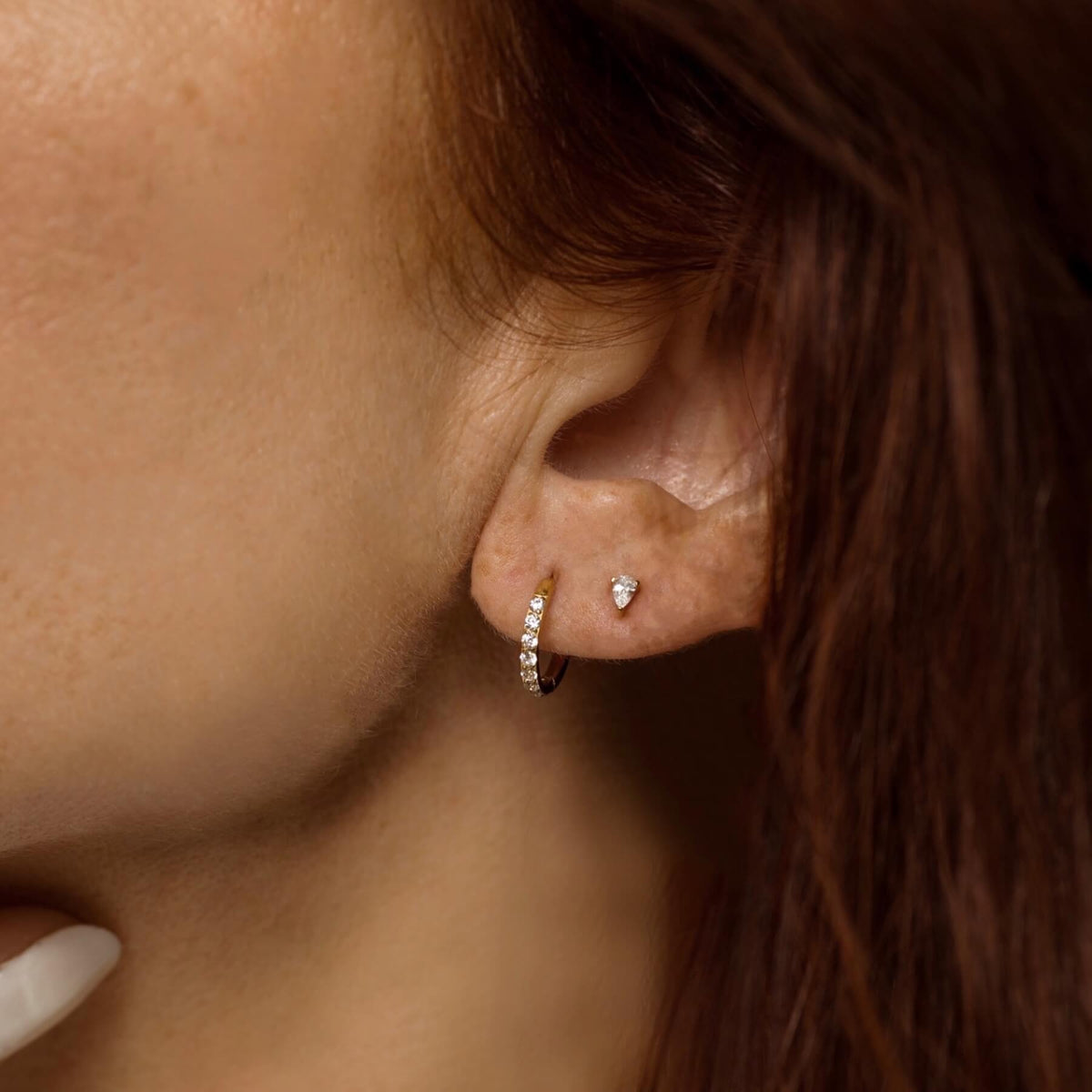 Crystal Pear Nap Earrings, 3mm and Pave Huggie Hoops, 11mm (Titanium - Gold) on model
