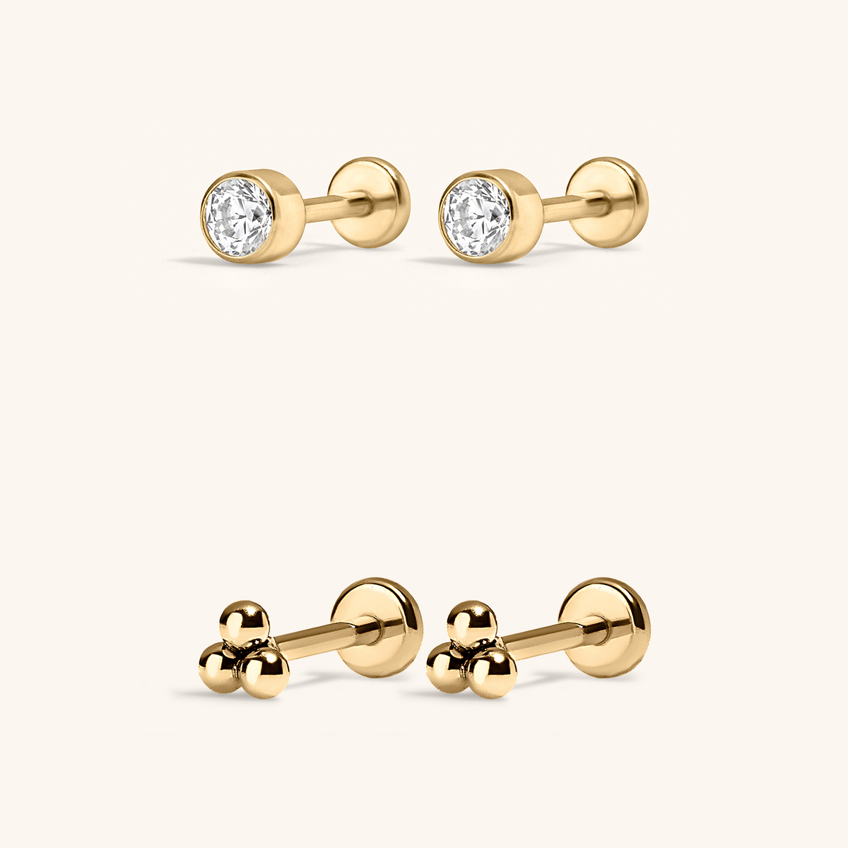 Minimalist Nap Earrings Duo - Celestial Crystal Bezel Solitaire Nap Earrings and Trinity Nap Earrings in Gold
