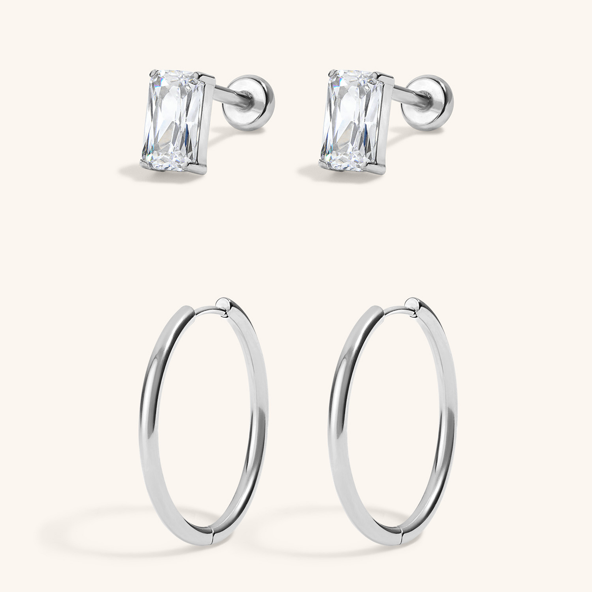 Modern Essentials Duo - Celestial Crystal Marquise Nap Earrings and Classic Hoops, 15mm Silver