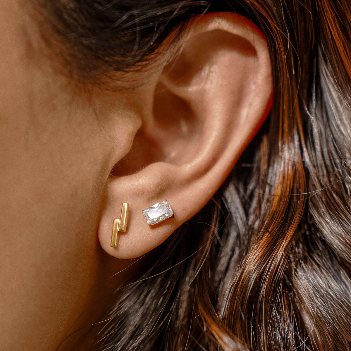 Modernist Nap Earrings Duo - Celestial Crystal Emerald-Cut Nap Earrings, 6mm and Lightning Bar Nap Earrings in Gold on model