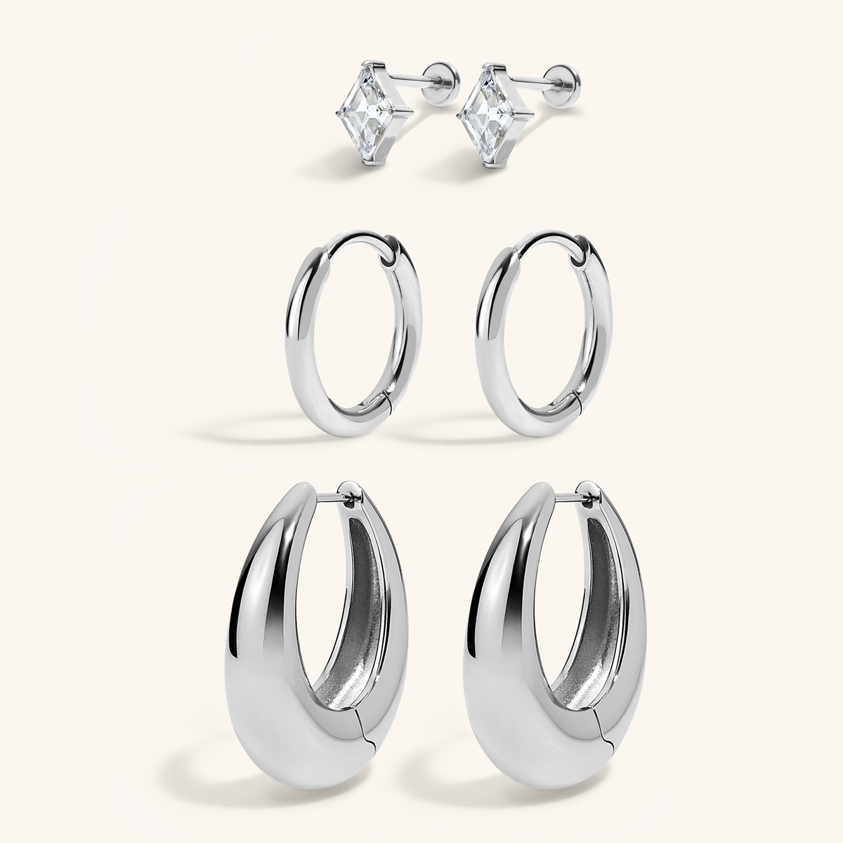 Secret Garden Stack - Celestial Crystal Lozenge Nap Earrings with Classic Huggie Hoops, 11mm and Oeuf Hoops Silver