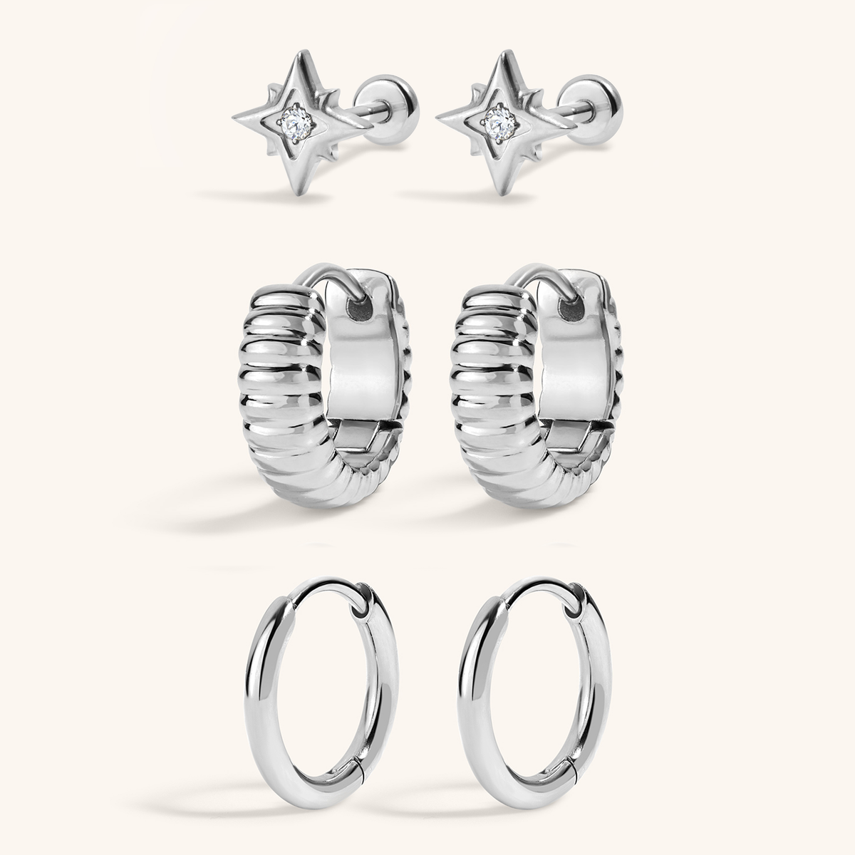 Wanderlust Stack - North Star Nap Earrings with Plisse Huggie Hoops, 13mm and Classic Huggie Hoops, 11mm Silver