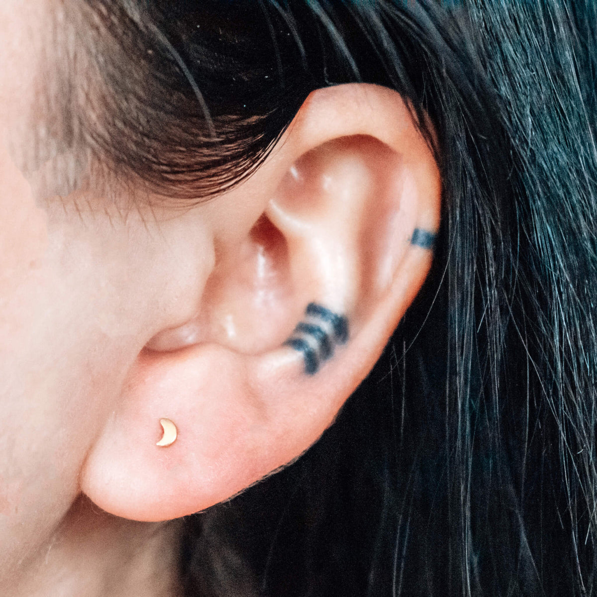 Moon Push Pin Flat Back Earring on model (Titanium - Gold)