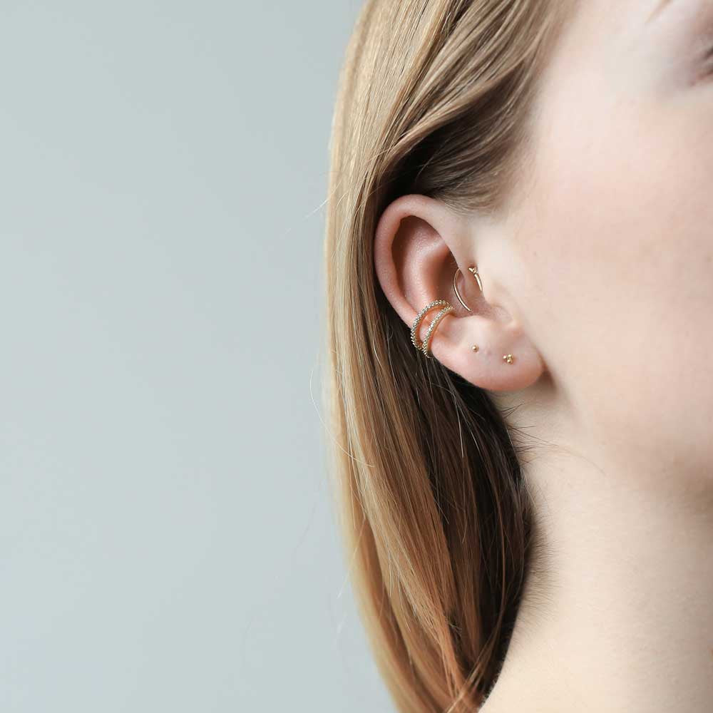 Shooting Star Open Hoops and Trinity Studs in 14k Gold on model