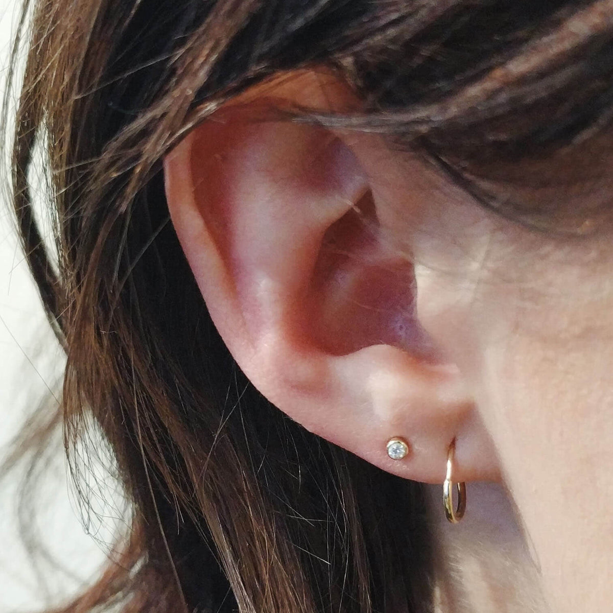 Tiny Sapphire Stud and Classic Huggie Hoop in 14k