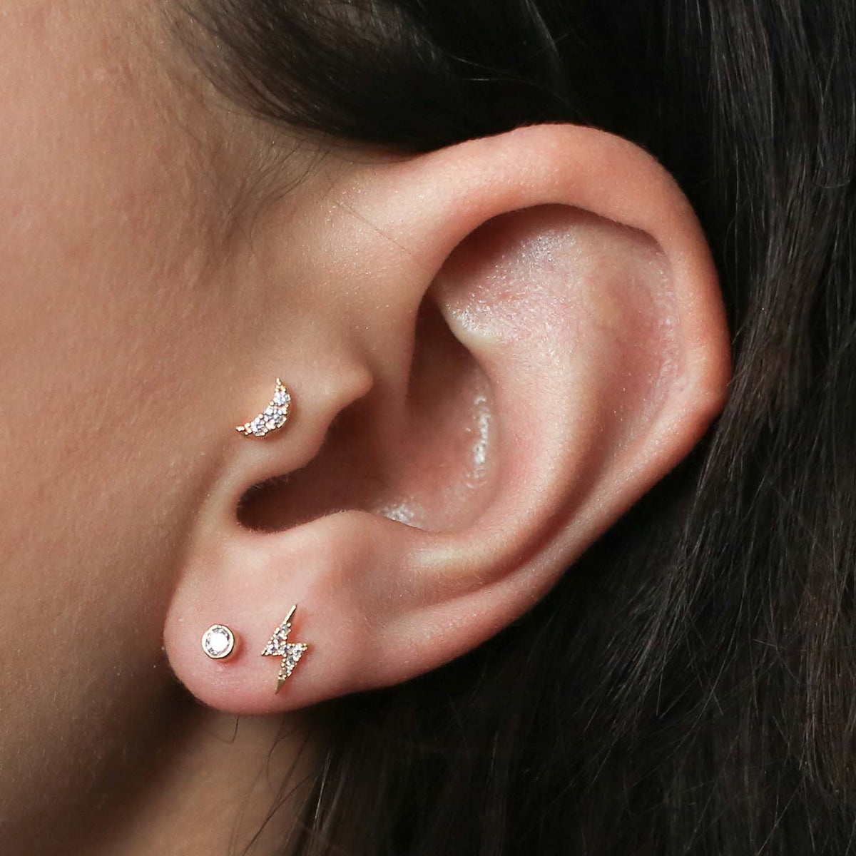 Pave Lightning and Pave Moon Push Pin Flat Back Earring and Celestial Crystal Bezel Solitaire Studs on model (Gold)