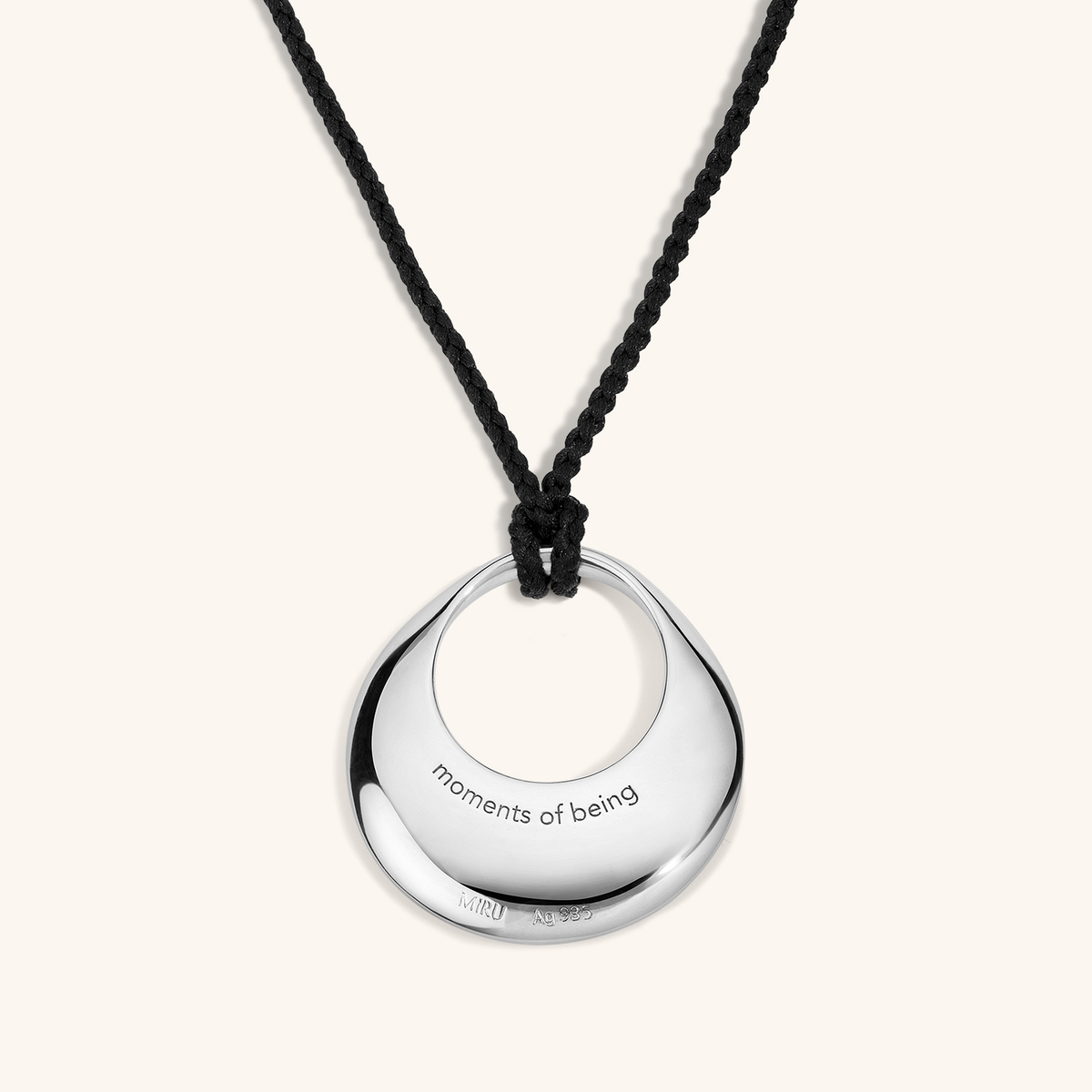 Equilibrium Fine Pendant Necklace - Back in Sterling Silver Close Up (Phrase: moments of being)
