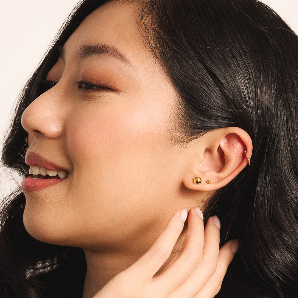 Siren Cartilage Hoop and Sphere Nap Earrings, 3mm and 6mm (Gold) on model