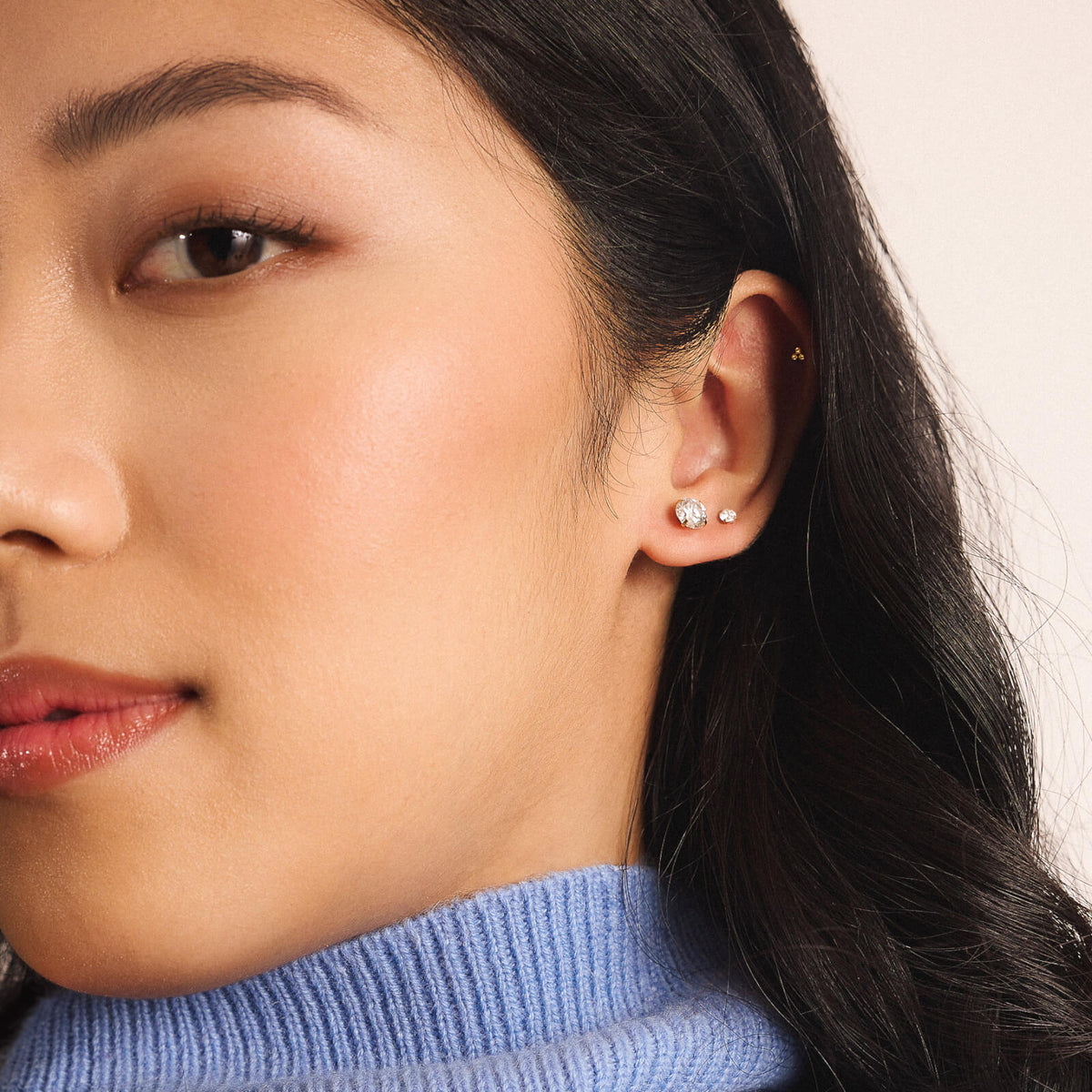 Trinity Push Pin Flat Back Earring, Celestial Crystal Solitaire / Moissanite Nap Earrings (Gold, 3mm and 6mm) on model