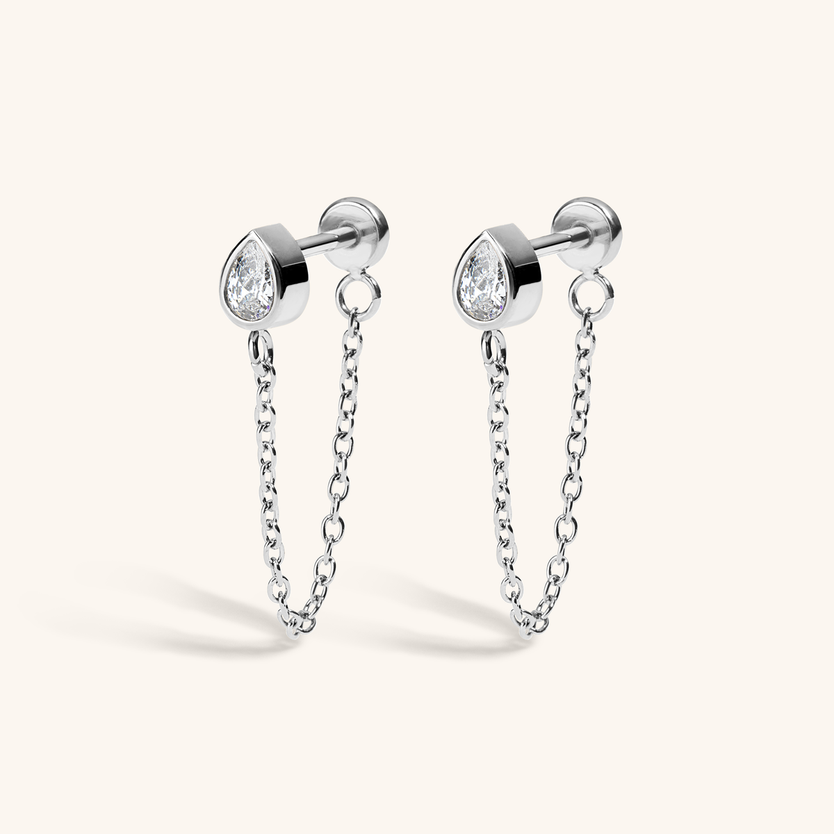 Bezel Pear Chain Nap Earrings (Silver)