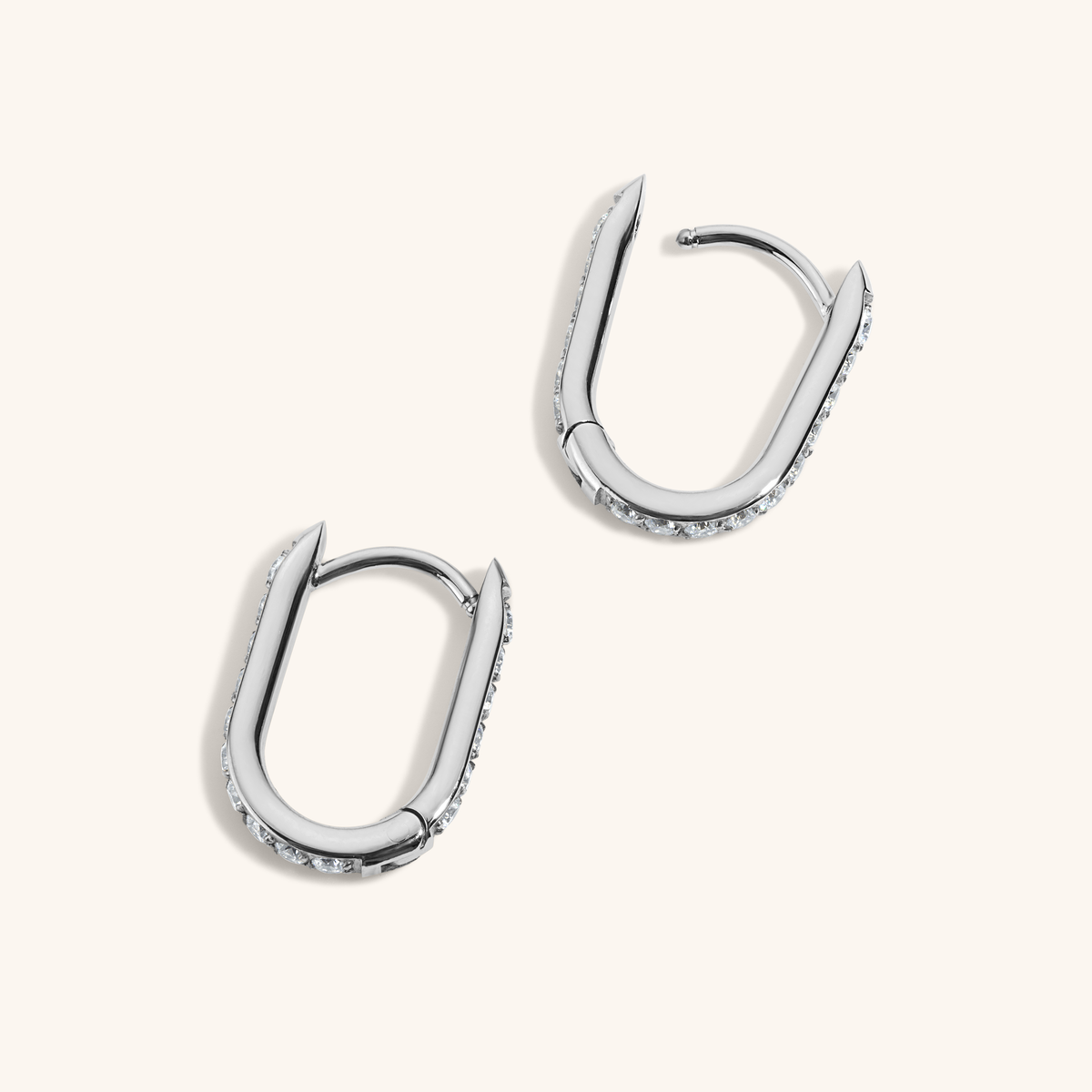 Pave Halo Oval Hoops, 15mm - Silver