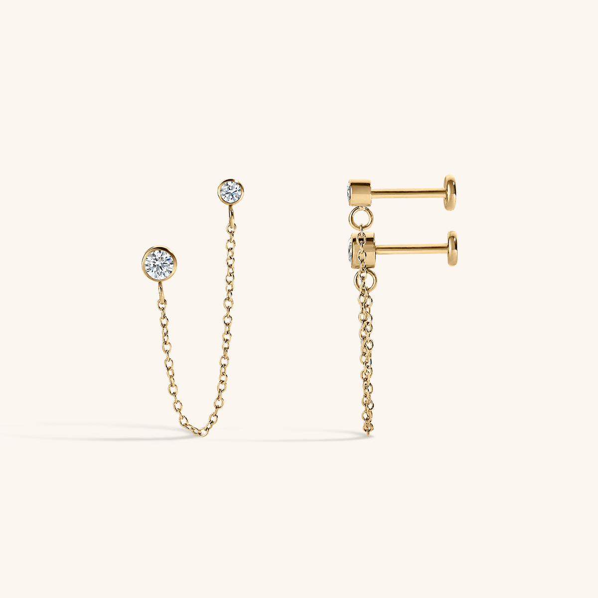 Tiny Crystal Duo Chain Nap Earrings - Gold
