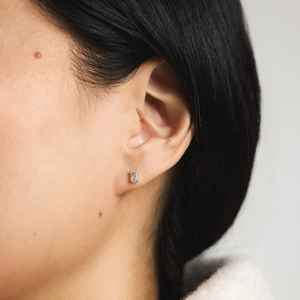 Celestial Crystal Emerald-Cut Nap Earrings, 5mm - Gold - On Model