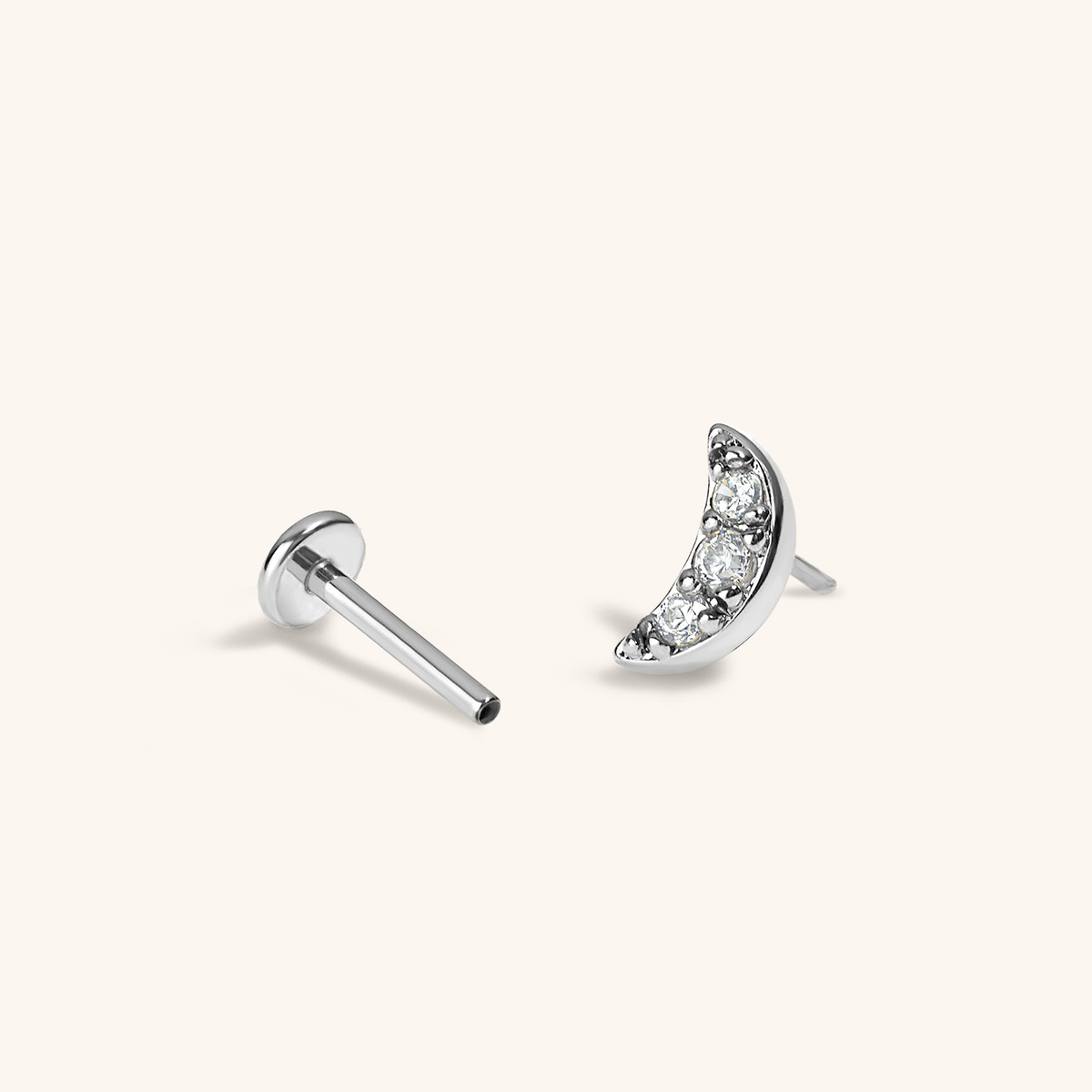 Pave Moon Push Pin Flat Back Earring (Titanium - Silver)