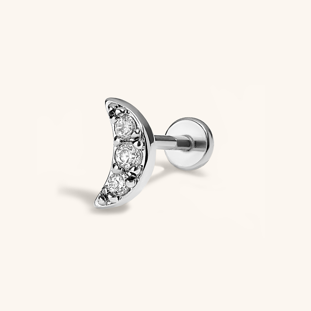 Pave Moon Push Pin Flat Back Earring (Titanium - Silver) 