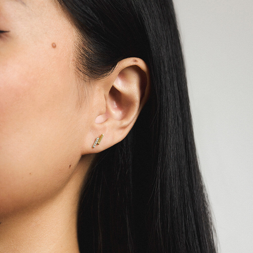 Pave Lightning Bar Nap Earrings - Gold - On Model