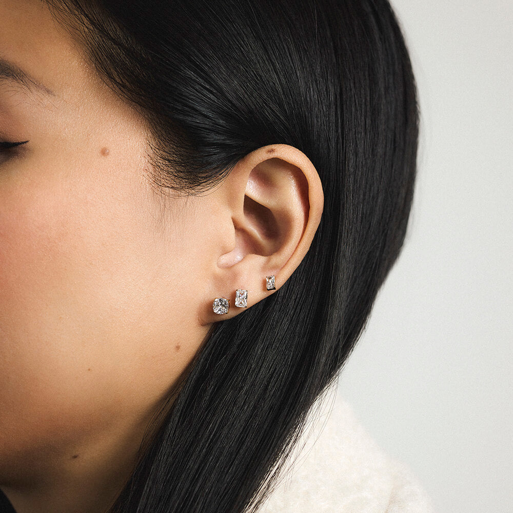 Celestial Crystal Cushion Nap Earrings, Celestial Crystal Emerald-Cut Nap Earrings, 5mm and 6mm - Gold - On Model