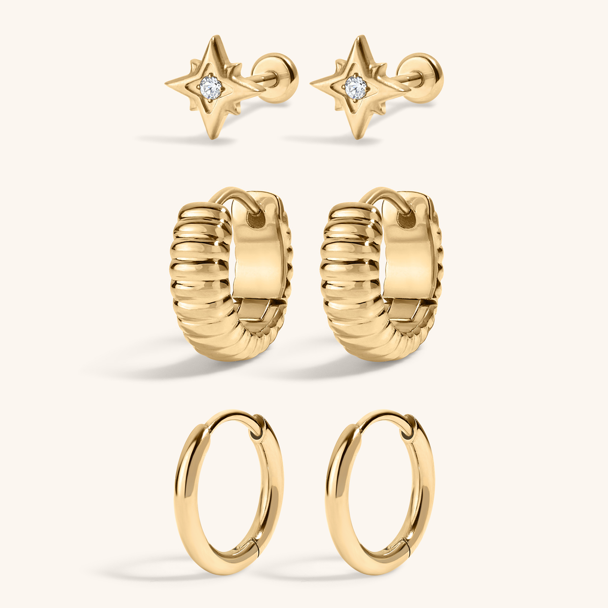 Wanderlust Stack - North Star Nap Earrings with Plisse Huggie Hoops, 13mm and Classic Huggie Hoops, 11mm Gold