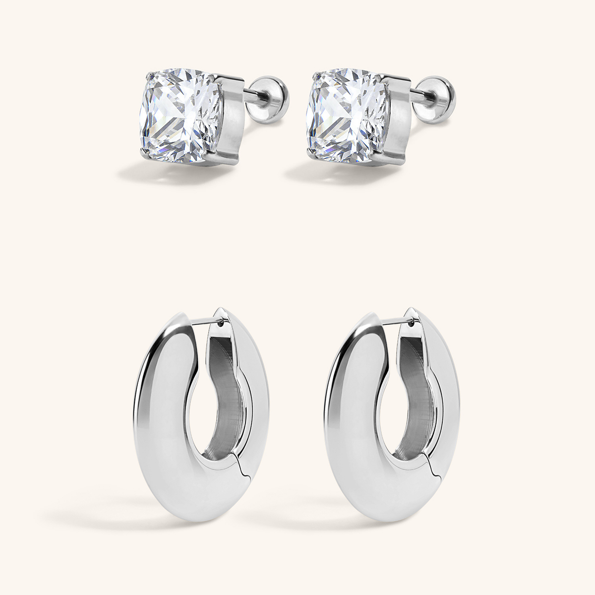 After Dark Duo - Celestial Crystal Cushion Nap Earrings and Puffy Disc Hoops - Silver