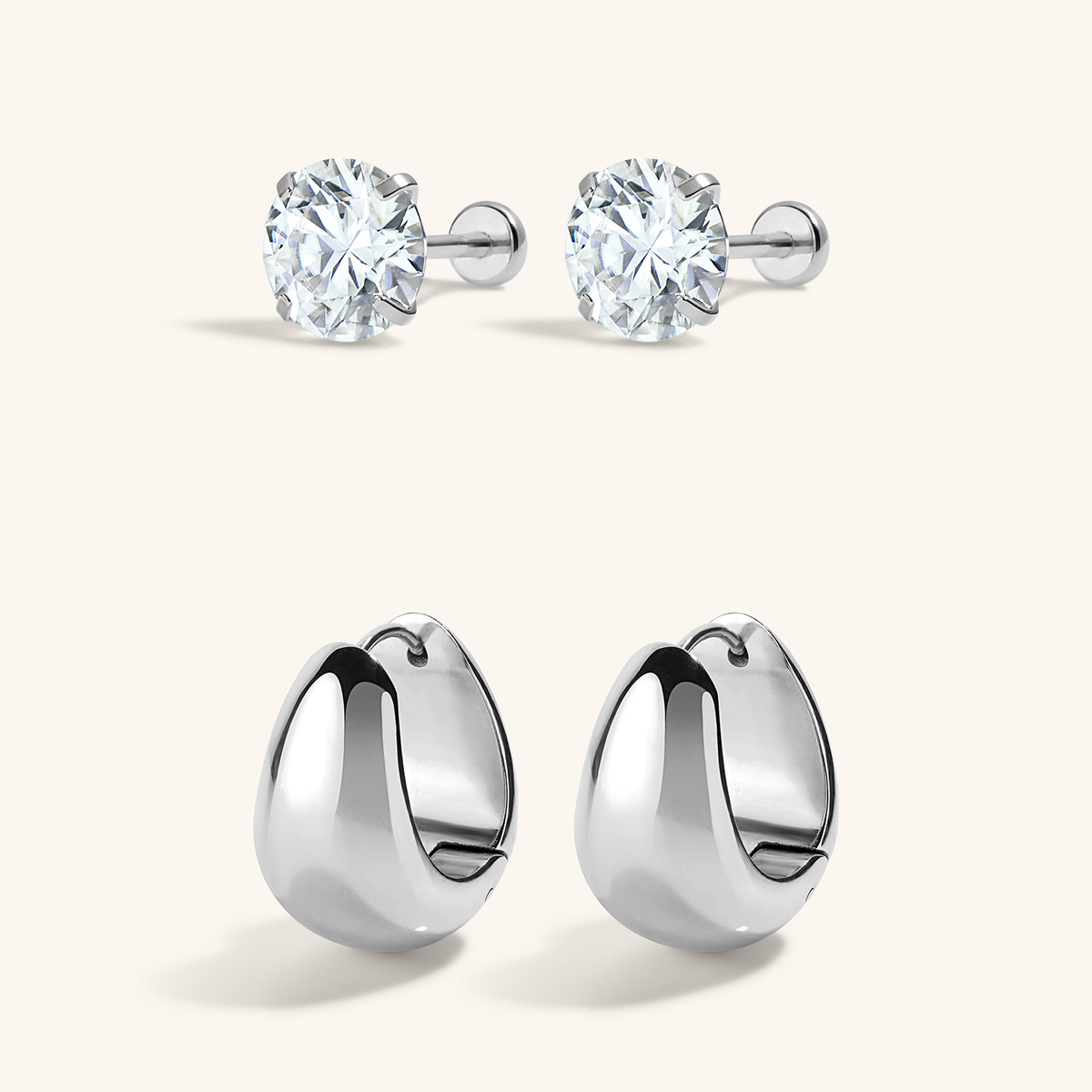 Everyday Icons Duo: Celestial Crystal Solitaire Nap Earrings, 6mm and Mini Dewdrop Hoops - Silver
