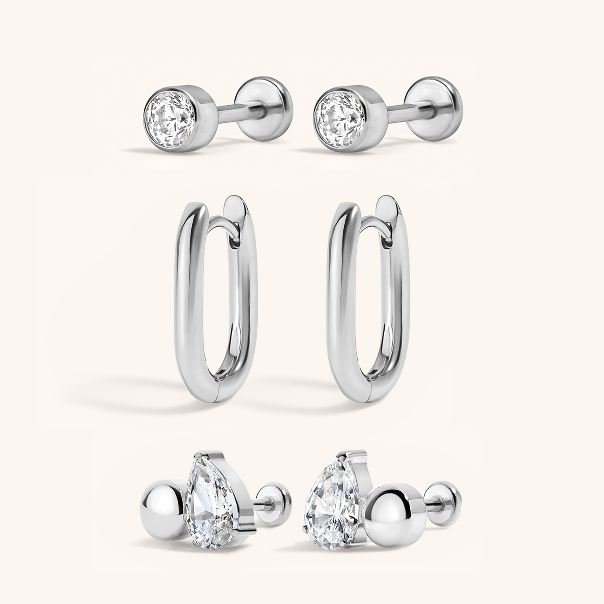 Expressionist Stack - Celestial Crystal Bezel Solitaire and Toi Et Moi Nap Earrings with Halo Oval Hoops, 15mm Silver