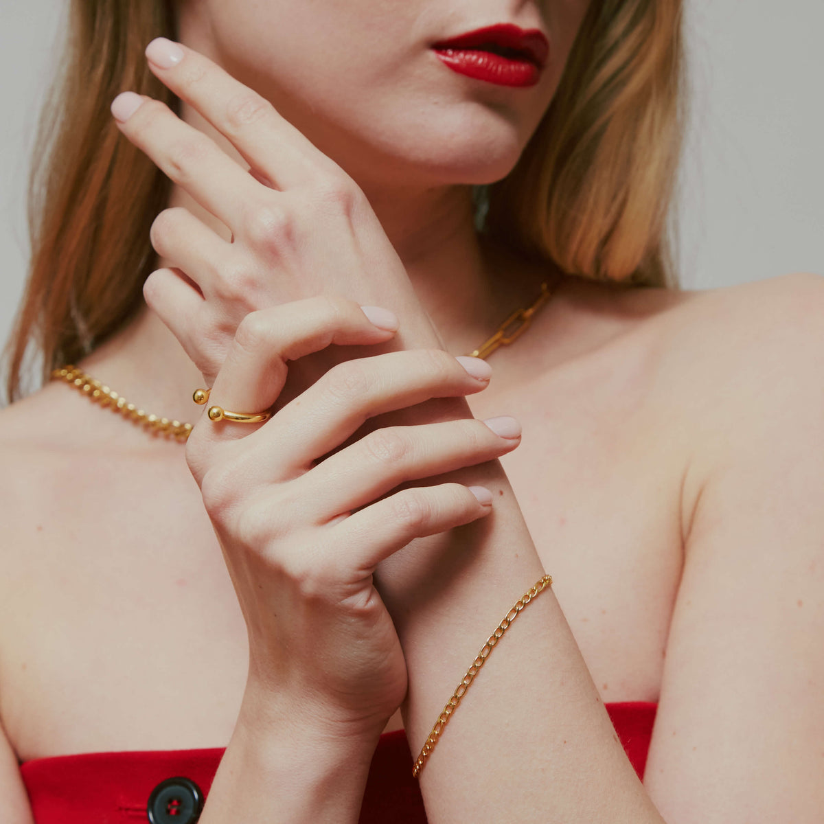 Floating Orb Ring II and Poet Bracelet (Gold) on model