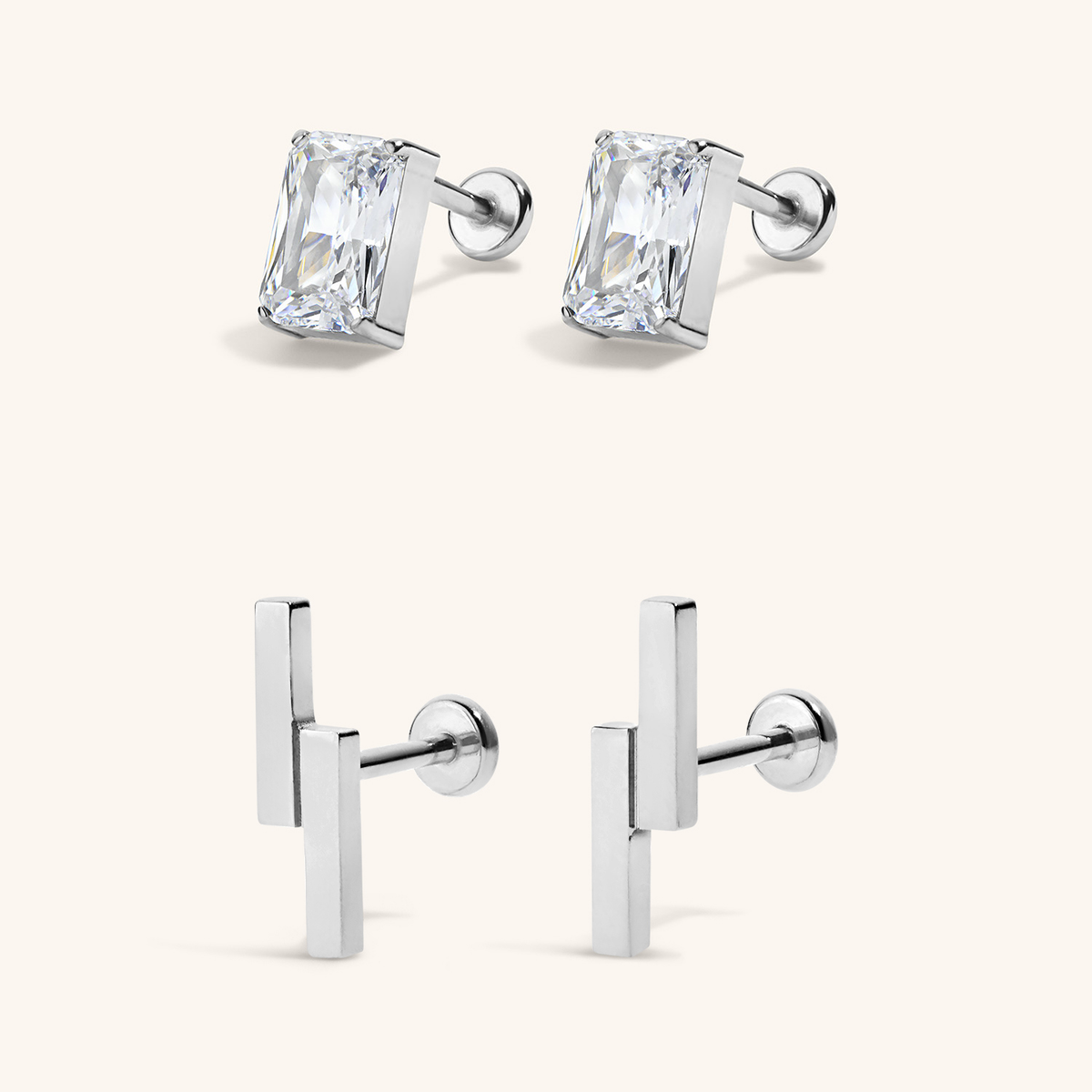 The Modernist Nap Earrings Duo - Celestial Crystal Emerald-Cut, 5mm Nap Earrings and Lightning Bar Nap Earrings in Silver